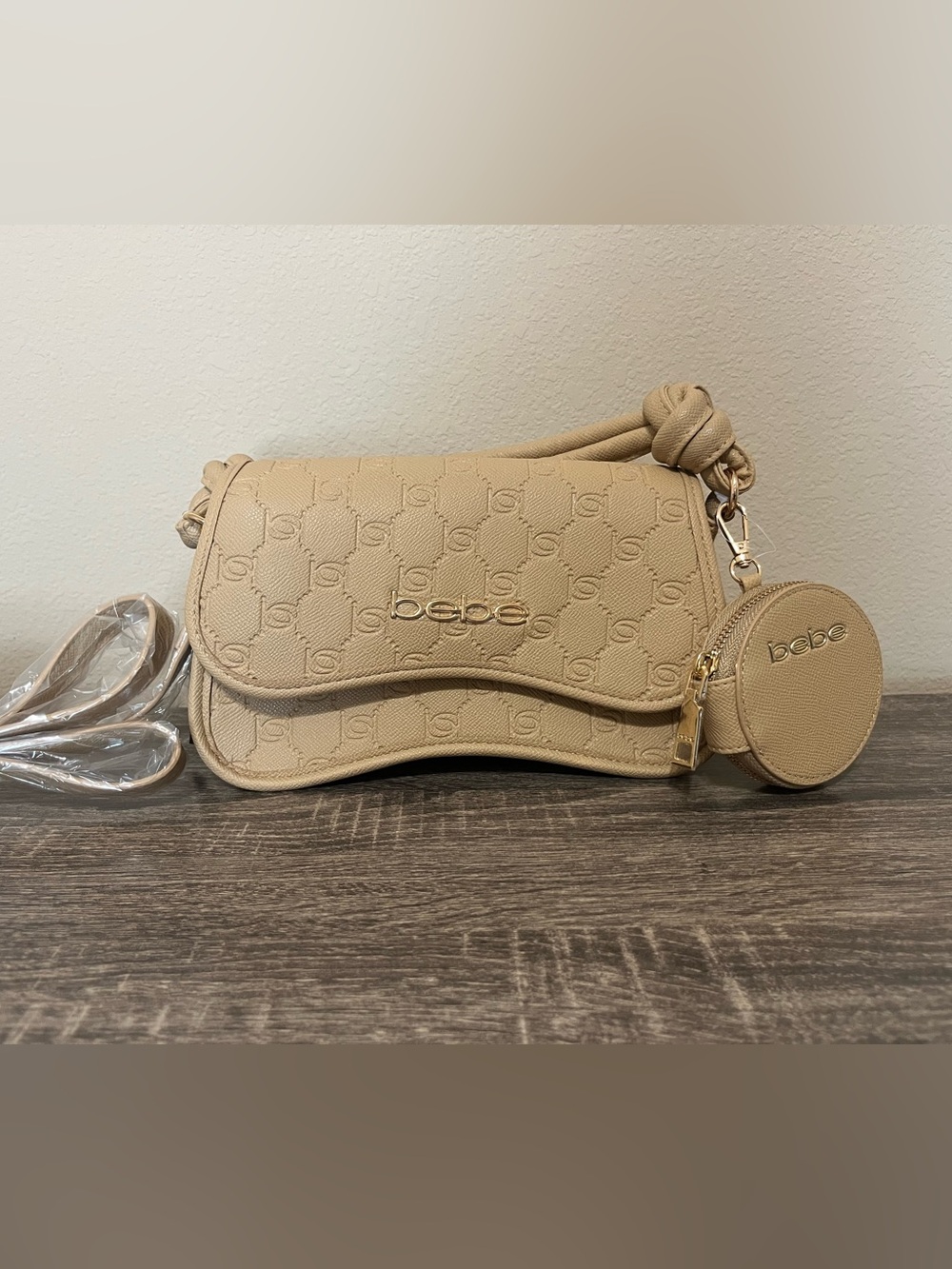 Bebe Tan Embossed Saddle Crossbody with Coin Pouch